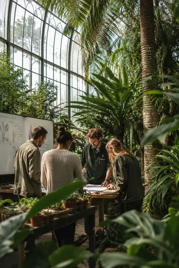 Gründer im botanischen Garten zwischen Palmen